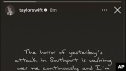 La captura de pantalla muestra la respuesta de Instagram de Taylor Swift al apuñalamiento en Southport, el 30 de julio de 2024. 