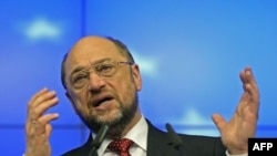 European Parliament President Martin Schulz holds a news conference during a European Union summit in Brussels, January 30, 2012.