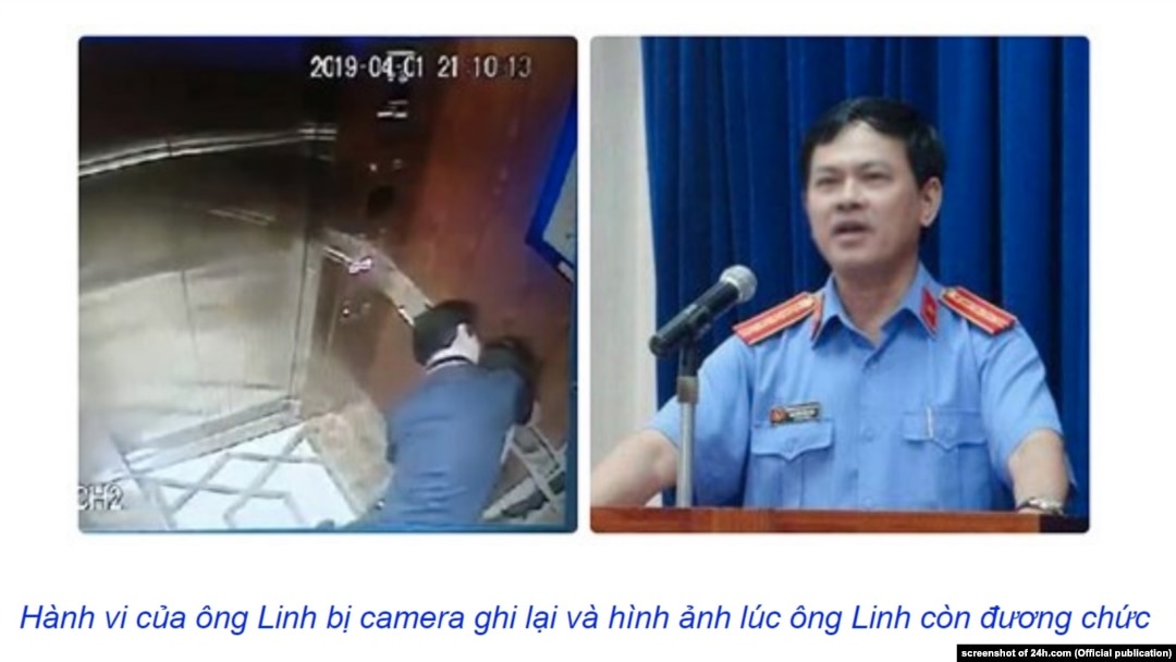 Hình ảnh nghi phạm Nguyễn Hữu Linh ôm hôn một bé gái trong thang máy (trái) ở chung cư Galaxy 9, TP HCM, qua 1 camera an ninh được đưa lên mạng xã hội hôm 1/4, và hình ảnh ông Linh lúc đang đương chức ở VKSND TP Đà Nẵng (phải).
