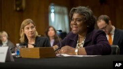 FILE - U.S. Assistant Secretary of State for African Affairs Linda Thomas-Greenfield, right, accompanied by USAID Assistant Administrator for Bureau for Democracy Conflict and Humanitarian Assistance Nancy Lindborg, testifies on Capitol Hill.