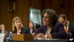 U.S. Assistant Secretary of State for African Affairs Linda Thomas-Greenfield, right, shown here at a hearing on Capitol Hill in January 2014, has called for IGAD member states to send troops to South Sudan to help police a ceasefire that has already been violated.