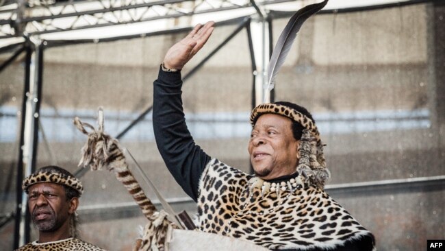 FILE - Zulu King Goodwill Zwelithini greets his supporters at The Moses Mabhida Football Stadium in Durban, South Africa, Oct. 7, 2018.