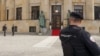 Police officers guard the Palace of the Republic after Bosnian prosecutors ordered the detention of three top Bosnian Serb officials over a series of separatist actions, in the Bosnian town of Banja Luka, 240 kms northwest of Sarajevo, March 12, 2025.