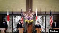 U.S. Secretary of State Antony Blinken and Defense Secretary Lloyd Austin hold a joint news conference with Japan's Foreign Minister Toshimitsu Motegi and Defence Minister Nobuo Kishi after their 2+2 Meeting at Iikura Guest House in Tokyo, Japan, March 16, 2021. REUTERS/Kim Kyung