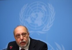 FILE - Hanny Megally, Member of the Independent Commission of Inquiry on the Syrian Arab Republic attends a news conference during the Human Rights Council at the United Nations in Geneva, Switzerland, March 2, 2020.