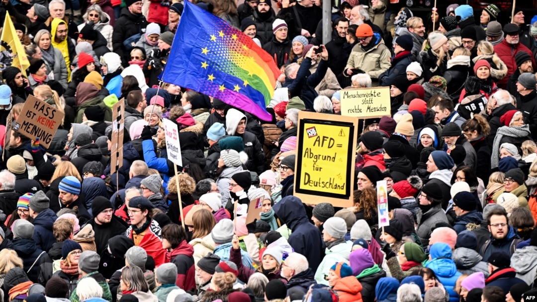 Protesters crowd Roemer Square during a demonstration against racism and far-right politics in Frankfurt, Germany, on Jan. 20, 2024.