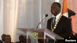 FILE - Ivory Coast President Alassane Ouattara speaks during his inauguration ceremony at the Presidential Palace in Abidjan, Ivory Coast, Nov. 3, 2015.