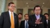 FILE - In this April 9, 2015, Cambodian Prime Minister Hun Sen (R) talks to the press with Sam Rainsy (L) president of the Cambodia National Rescue Party (CNRP), after the National Assembly vote to select the members of National Election Committee in Phnom Penh, Cambodia. 