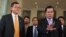 Cambodian Prime Minister Hun Sen (R) talks to the press with Sam Rainsy (L) president of the Cambodia National Rescue Party (CNRP), after the National Assembly vote to select the members of National Election Committee in Phnom Penh, Cambodia on April 9th, 2015. (Nov Povleakhena/VOA Khmer) 