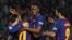 Ousmane Dembele, Lionel Messi, Yerry Mina et Luis Suarez du FC Barcelone, heureux de leur cinquième but contre Villarreal  le 9 mai 2018.