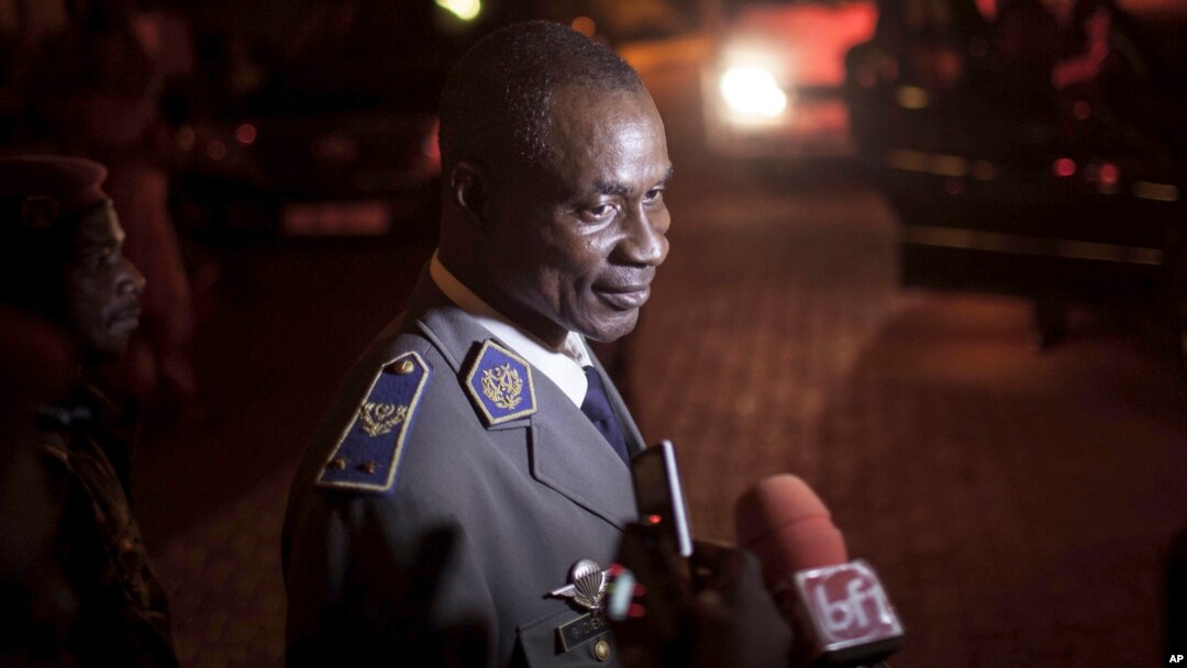 Gen. Gilbert Diendere, who was named leader of Burkina Faso on Thursday, speaks to media in Ouagadougou, Burkina Faso, Sept. 19, 2015. 