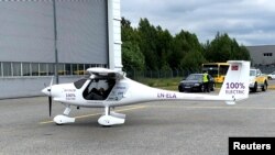A two-seat electric plane made by Slovenian firm Pipistrel stands outside a hangar before a test flight at Oslo Airport, Norway June 18, 2018.