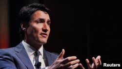 Perdana Menteri Kanada Justin Trudeau berbicara dihadapan the Economic Club of New York di New York, 17 Mei 2018. 