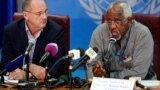 David Shearer, left, head of the U.N. Mission in South Sudan (UNMISS), and UNMISS Human Rights Director Eugene Nindorera address a news conference in Juba, South Sudan, Feb. 22, 2018.