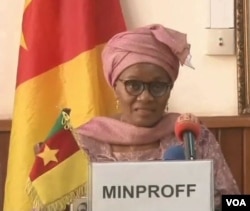 FILE - Marie-Thérèse Abena Ondoa, Cameroon's minister of women's empowerment and the family, in Yaounde, Feb. 2019. (Moki Edwin Kindzeka/VOA)