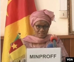 FILE - Marie-Thérèse Abena Ondoa, Cameroon's minister of women's empowerment and the family, in Yaounde, Feb. 2019. (Moki Edwin Kindzeka/VOA)