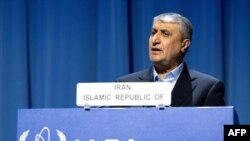 Mohammad Eslami, the head of Iran's Atomic Energy Organization, speaks during a media briefing on the new nuclear energy projections, at IAEA's General Conference in Vienna, Austria, Sept. 16, 2024.