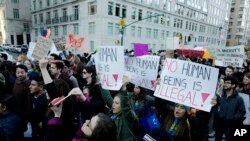 Thousands of demonstrators protest the anticipated immigration policies of president-elect Donald Trump during a march, Nov. 13, 2016 in New York.