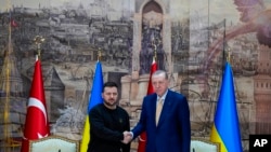 볼로디미르 젤렌스키 우크라이나 대통령(사진 왼쪽)과 레제프 타이이프 에르도안 튀르키예 대통령이 8일 회담하고 악수하고 있다.