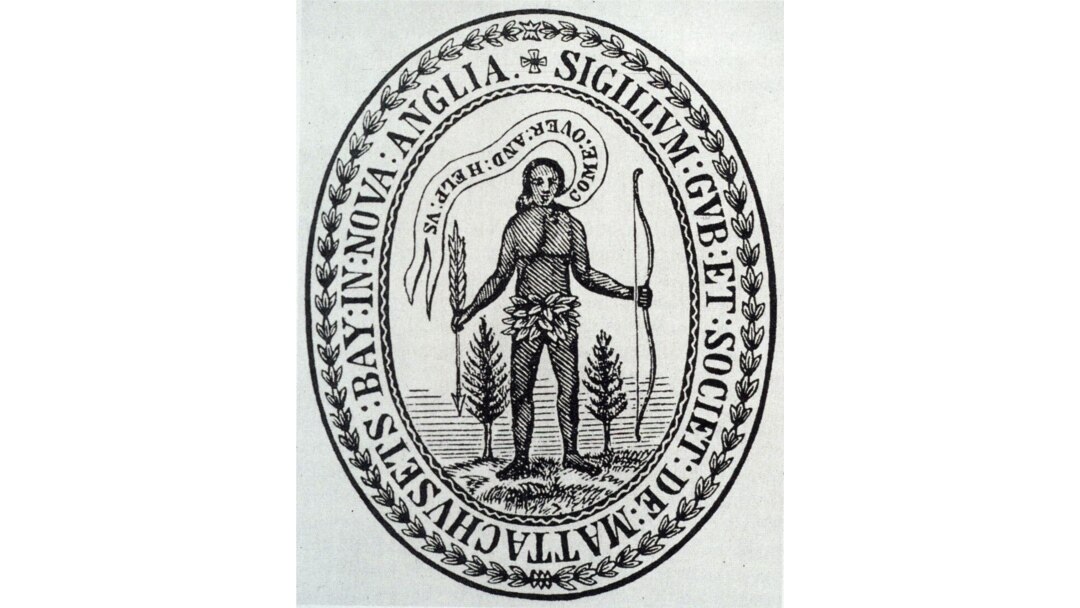 1629 Massachusetts Bay Company Seal features a Native American appealing to Europeans to "help us," reflecting Puritans' mission to spread Christianity in southeastern New England.