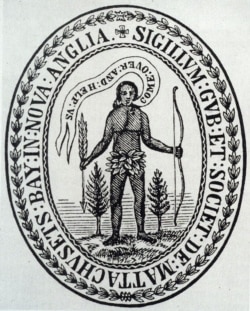 1629 Massachusetts Bay Company Seal features a Native American appealing to Europeans to "help us," reflecting Puritans' mission to spread Christianity in southeastern New England.
