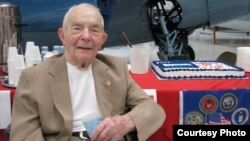 Retired Brig. General Frederick "Fritz" Payne of Palm Desert, the oldest living fighter ace, celebrated his 100th birthday at the Palm Springs Air Museum, July 30, 2011. (Courtesy: Denise Goolsby, The Desert Sun) 