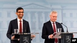 Finland Prime Minister Antti Rinne, right, and Google CEO Sundar Pichai take part in a joint press conference in Helsinki, Finland, Sept. 20, 2019. 