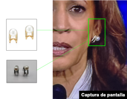 Comparación, la imagen de la web sobre Kamala (arriba-izquieda), los aretes de Tiffany & Co vendidos en Ebay (abajo-izquierda) y la imagen viral de Harris (derecha).