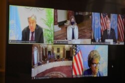 U.S. Secretary of State Antony Blinken speaks during a virtual meeting with U.N. Secretary-General Antonio Guterres via videoconference from the State Department in Washington, March 29, 2021.
