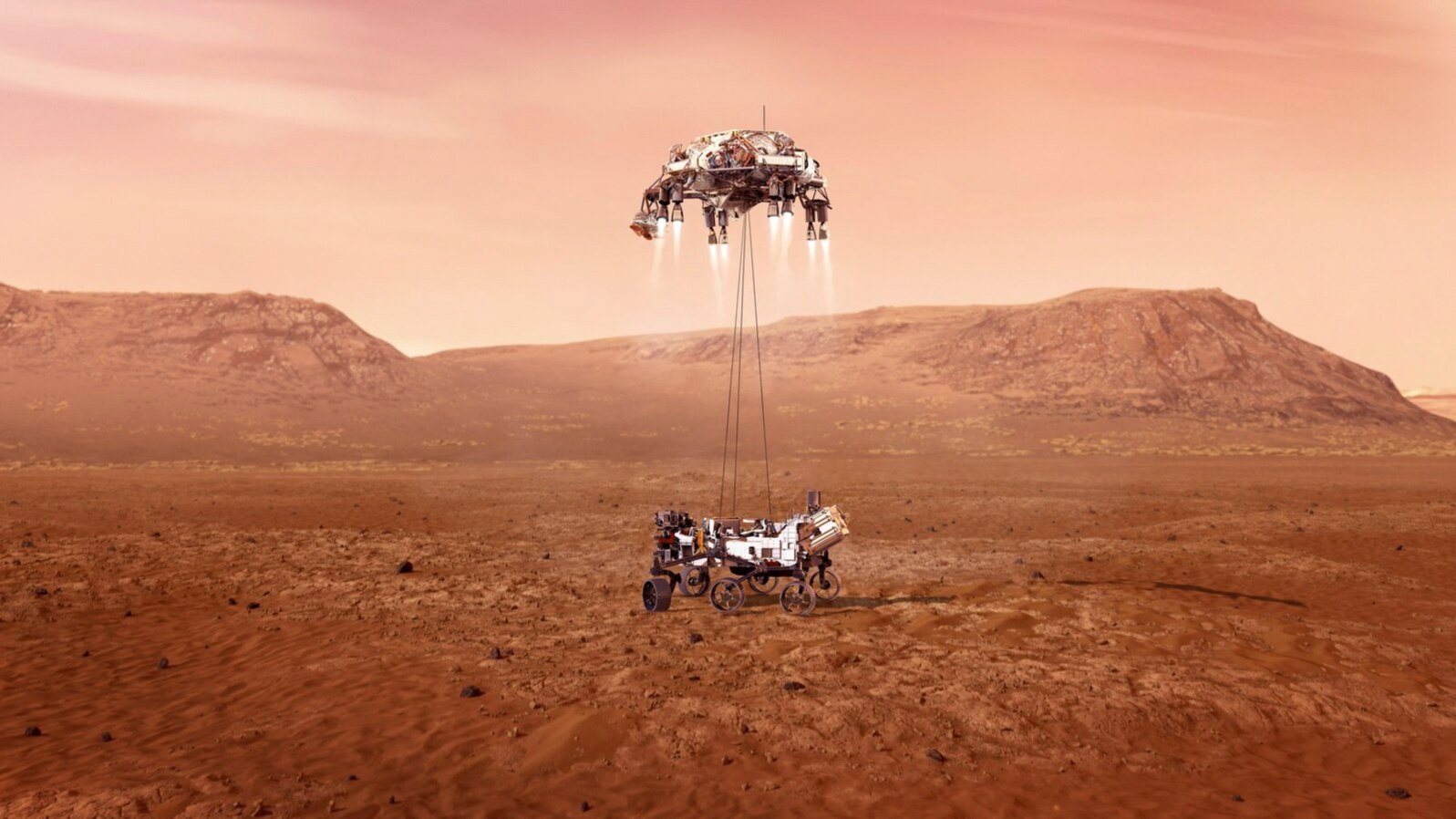 Perseverance rover is shown to be lowered to Martian surface 