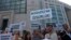 Protesters demonstrate outside a court as they demand the release of 14 college students who are on trial for opposing Turkey's incursion in northern Syria against the Kurdish YPG militia in Istanbul, Turkey, June 6, 2018. The top banner reads: "Freedom to Bogazici," or Bosphorus University.