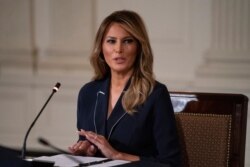 FILE - First lady Melania Trump speaks during an Indian Health Service (IHS) Task Force briefing on "Protecting Native American Children in the Indian Health System" at the White House in Washington, July 23, 2020.