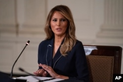 FILE - First lady Melania Trump speaks during an Indian Health Service Task Force briefing at the White House in Washington, July 23, 2020.