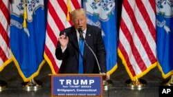 Republican presidential candidate Donald Trump speaks during a campaign rally in Bridgeport, Conn., April 23, 2016. 