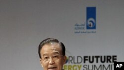 China's Premier Wen Jiabao speaks during the opening ceremony of the World Future Energy Summit at the Abu Dhabi National Exhibition Center, January 16, 2012