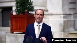 Britain's Foreign Secretary Dominic Raab makes a statement on Hong Kong's national security legislation in London