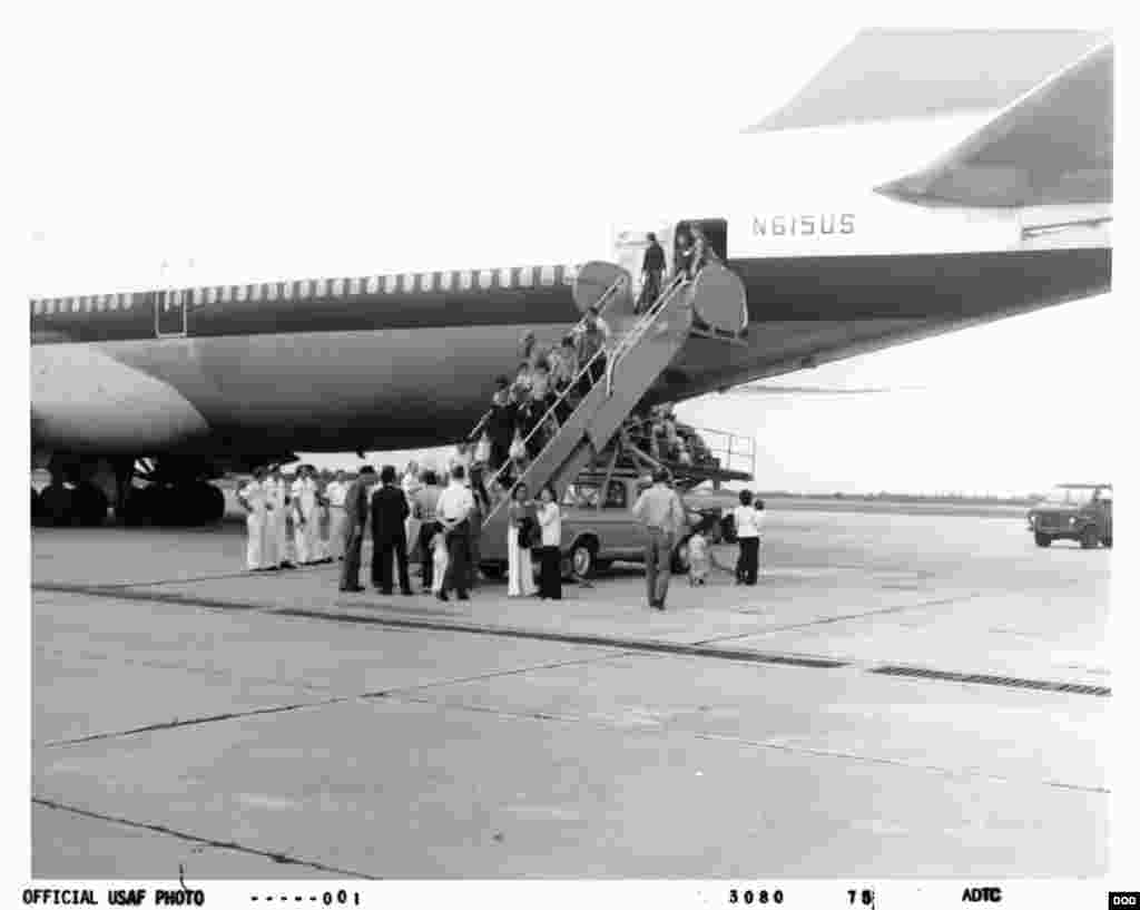 Photo of refugees at the Vietnamese Refugee Processing Center at Eglin Air Force Base in 1975.