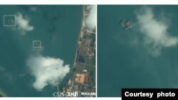 A January 16 satellite image from commercial provider Maxar shows two clamshell dredgers just off the coast of Ream accompanied by barges for collecting the dredged sand. (Courtesy screenshot of CSIS website)