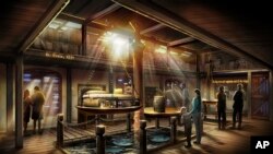 This David Korins rendering provided by Margie Korshak Inc. shows one of the exhibits in "Hamilton: The Exhibition" that will debut on Chicago's Northerly Island beginning Nov. 17, 2018. 