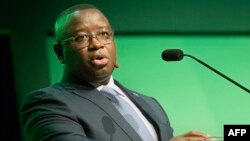 FILE - Julius Maada Bio, the President of Sierra Leone, speaks in Cape Town, on February 3, 2020.