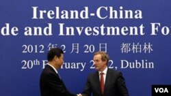 Wapres Tiongkok Xi Jinping (kiri) berjabat tangan dengan PM Irlandia Enda Kenny di Dublin (20/2).