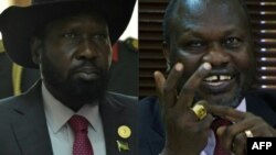 Un combiné de photos du président sud-soudanais Salva Kiir et le chef rebelle Riek Machar.