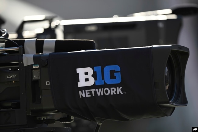 FILE - A network television camera is photographed before an NCAA college football game Oct. 22, 2022, in College Park, Md. (AP Photo/Gail Burton, File)