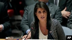 La embajadora de EE.UU. en la ONU, Nikki Haley, habló ante el Consejo de Seguridad el viernes, 13 de abril, de 2018.