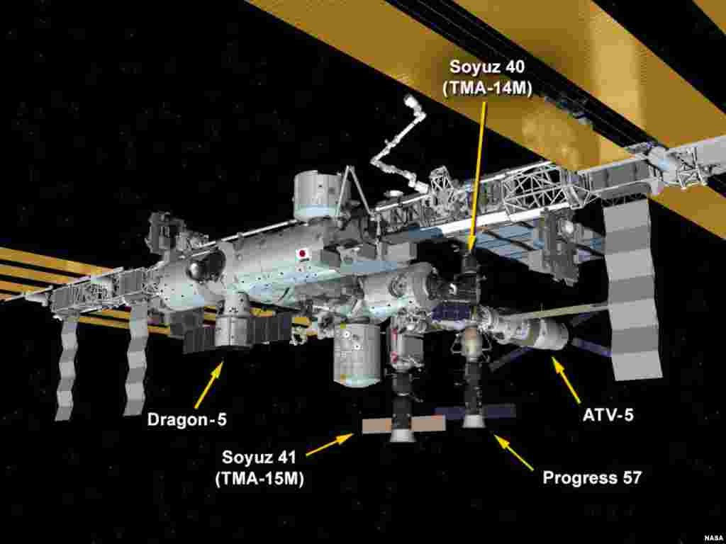 There will be five spacecraft at the International Space Station when the Dragon commercial craft arrives Jan. 12, 2015. (NASA)