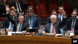 New Zealand's U.N. Ambassador Gerard van Bohemen, left, and Russia's ambassador to the U.N., Vitaly Churkin, raise their hands as they join other members of the Security Council at the United Nations headquarters in passing a resolution supporting efforts by Russia and Turkey to end violence in Syria and jump-start peace negotiations, Dec. 31, 2016.