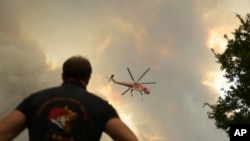 Yunanistan'daki orman yangınlarında bir helikopter