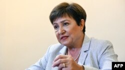 FILE - Managing director of the International Monetary Fund (IMF) Kristalina Georgieva gestures as she speaks during an interview with AFP at the Sofitel Ivoire hotel in Abidjan on October 5, 2023.