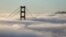 Fog blankets the south tower of the Golden Gate Bridge in San Francisco, California.