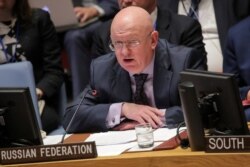 FILE - Vassily Nebenzia, Russian Ambassador to the United Nations, addresses the United Nations Security Council at U.N. headquarters in New York, April 10, 2019.